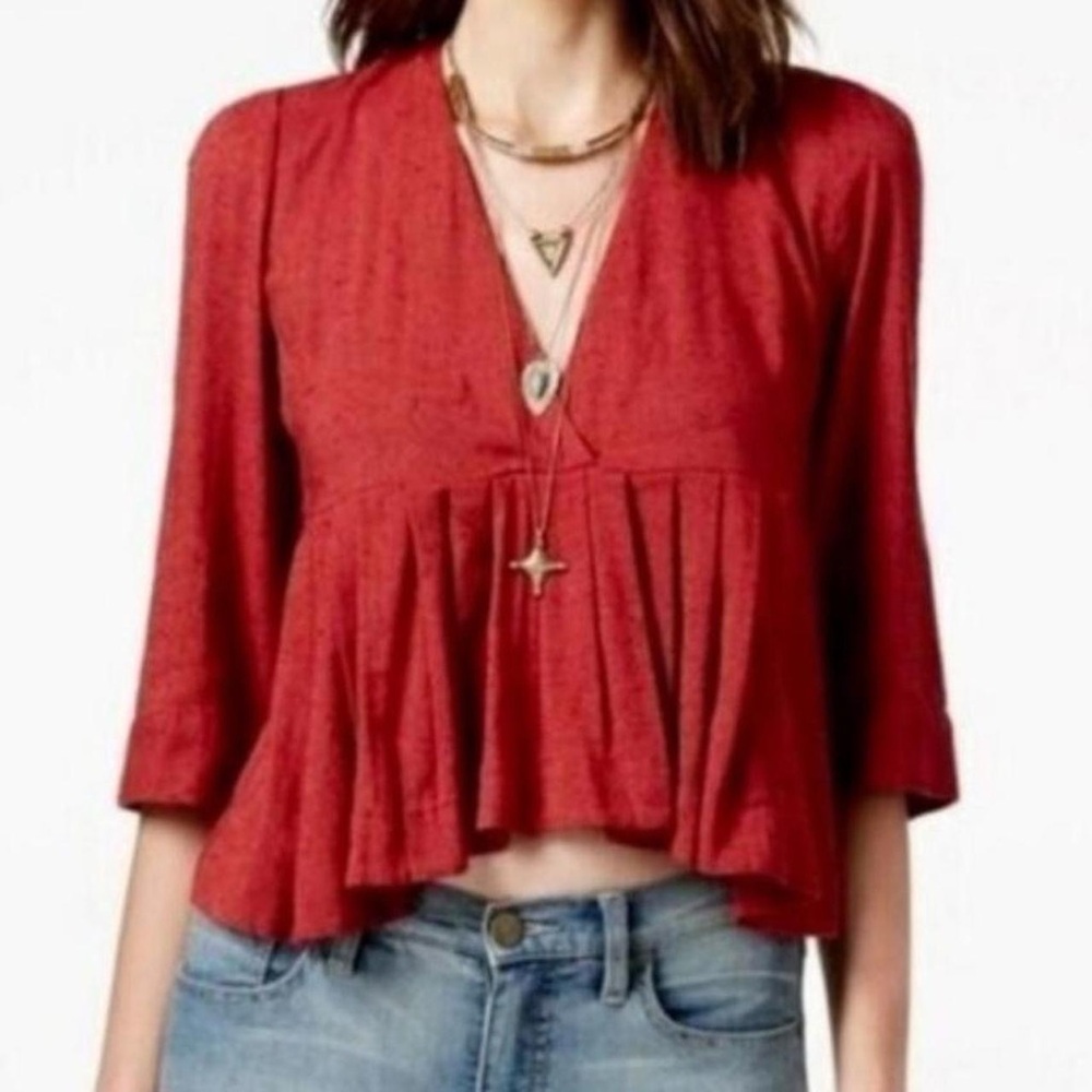 Free People Women's Red V-Neck Top - Picture 6 of 6